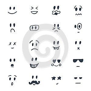 Set of hand drawn smiley faces. Sketched facial expressions set photo