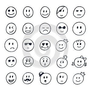 Set of hand drawn smiley, funny faces with different expressions