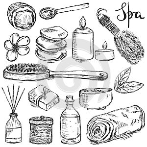 Set of hand drawn spa and beauty related products