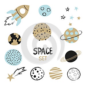 Set of hand drawn space element - rocket, planets and stars..