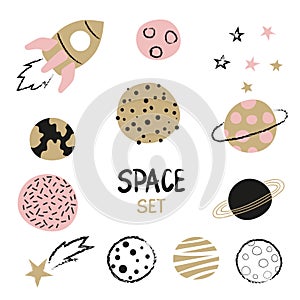 Set of hand drawn space element - rocket, planets and stars isoleated on white.