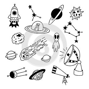 Set of hand drawn space elements. Vector illustration in doodle style. Isolated on a white background. Alien, stars, rocket,