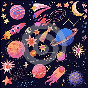 Set of hand-drawn space elements, planets, stars, comets, constellations