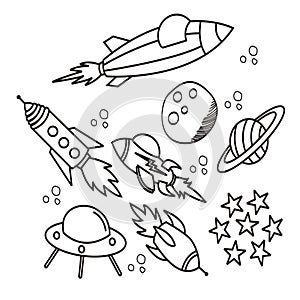 Set of hand drawn space  illustration in black and white