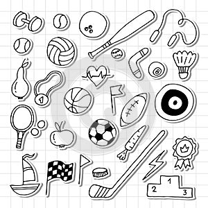 Set of hand drawn sport elements. Sport equipments icons collection. Fitness, healthy lifestyle. Stickers