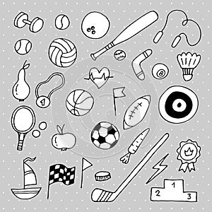 Set of hand drawn sport elements. Sport equipments icons collection. Fitness, healthy lifestyle