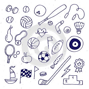 Set of hand drawn sport elements. Sport equipments icons collection. Fitness, healthy lifestyle