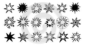 Set of hand drawn star shapes with different outlines and rays. Black and white vector doodle collection isolated on white