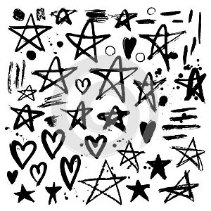 Set of hand drawn stars and hearts. Grunge elements. Brush strokes of pencil or pastel. Doodle with crayons.