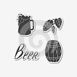 Set of hand drawn stickers with beer mug, hop branch, sign and barrel. Templates for design or brand identity