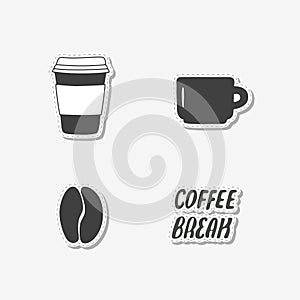 Set of hand drawn stickers with coffee bean, mug, paper cup and sign. Templates for design or brand identity