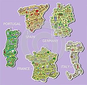 Set of hand drawn stickers. Germany, Spain, Italy, Portugal, France. Doodle maps with main cities, symbols and