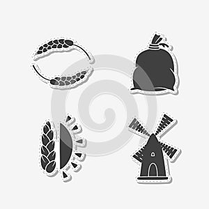 Set of hand drawn stickers with wind mill, wheat, sun and flour bag. Templates for design or brand identity