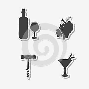 Set of hand drawn stickers with wine bottle and glass, grape bunch, cocktail and corkscrew. Templates for design or brand identity