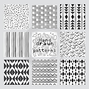 Set of hand drawn style abstract geometric seamless patterns