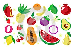 A set of hand-drawn summer fruits and berries. A collection of vitamins and healthy food. Watermelon, pineapple, banana