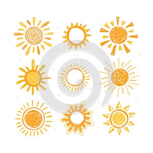 Set of hand drawn sun symbols. Collection of doodle sun icons