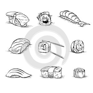 Set of hand drawn sushi and rolls