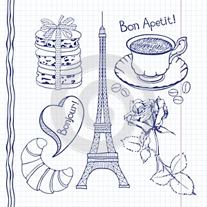 Set of hand drawn symbols of France, doodles .