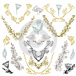 Set of hand drawn symmetrical floral graphic design elements in retro style. Illustration . Hand drawn floral set. Pastel ba