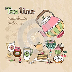 Set of hand drawn Teatime design elements