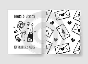 Set of Hand drawn Templates Fashion Cards with Romantic Objects and quote. Creative ink art work. Actual vector drawing of Holiday