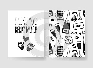 Set of Hand drawn Templates Fashion Cards with Romantic Objects and quote. Creative ink art work. Actual vector drawing of Holiday