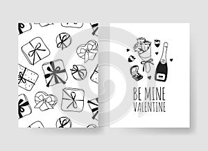 Set of Hand drawn Templates Fashion Cards with Romantic Objects and quote. Creative ink art work. Actual vector drawing of Holiday