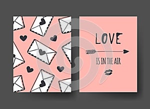 Set of Hand drawn Templates Fashion Cards with Romantic Objects and quote. Creative ink art work. Actual vector drawing of Holiday