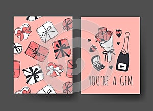 Set of Hand drawn Templates Fashion Cards with Romantic Objects and quote. Creative ink art work. Actual vector drawing of Holiday