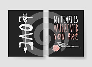 Set of Hand drawn Templates Fashion Cards with Romantic Objects and quote. Creative ink art work. Actual vector drawing of Holiday