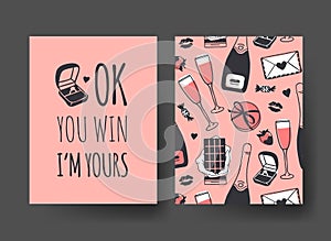 Set of Hand drawn Templates Fashion Cards with Romantic Objects and quote. Creative ink art work. Actual vector drawing of Holiday