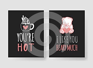 Set of Hand drawn Templates Fashion Cards with Romantic Objects and quote. Creative ink art work. Actual vector drawing of Holiday