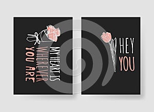 Set of Hand drawn Templates Fashion Cards with Romantic Objects and quote. Creative ink art work. Actual vector drawing of Holiday