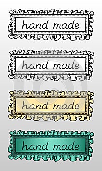Set of hand drawn textile frames with inscription `hand made`