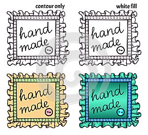 Set of hand drawn textile patches with seam, button and handwritten inscription `hand made`