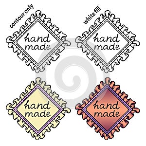 Set of hand drawn textile patches with seam and handwritten inscription `hand made`