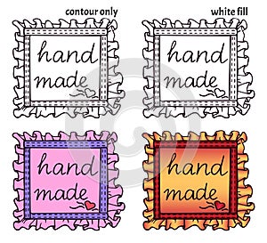 Set of hand drawn textile patches with seam, heart and handwritten inscription `hand made`