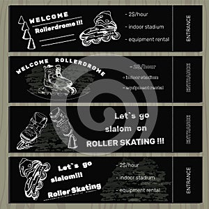 Set hand drawn tickets on Rollerdrom with Roller Skate on chalk