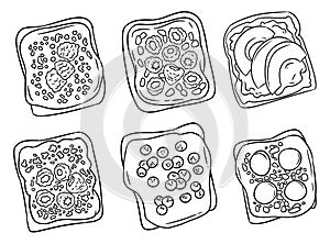 Set of hand drawn toasts isolated icons. Sandwiches doodles with different spreads, fruits and vegetables. Vegetarian breakfast