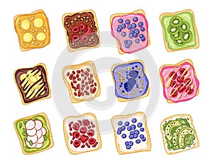 Set of hand drawn toasts isolated icons. Sandwiches doodles with different spreads, fruits and vegetables. Vegetarian breakfast