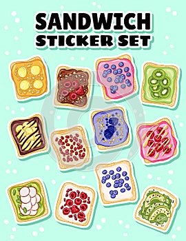 Set of hand drawn toasts sticker set. Sandwiches doodles with different spreads, fruits and vegetables. Vegetarian breakfast food