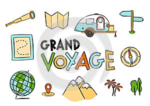 Set of hand drawn travel icons on french