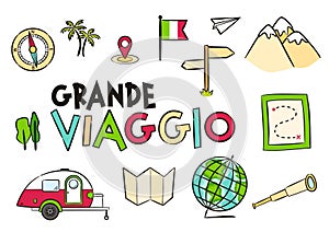 Set of hand drawn travel icons on italian