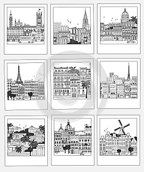 Set of hand drawn travel photographs