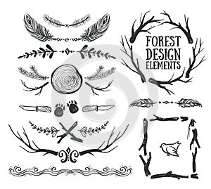 Set of hand drawn tribal frames and dividers. Forest design.