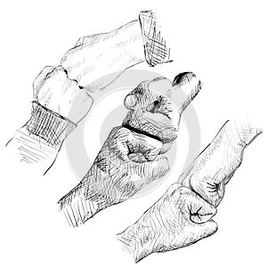 Set of Hand drawn of two persons bumping their fists. Sketch style