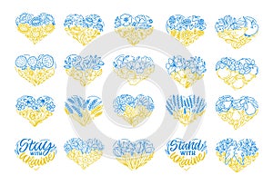 Set of hand drawn Ukraine heart decorative with flowers for Ukrainian designs