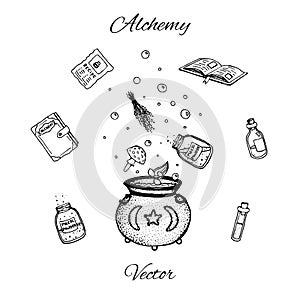 Set of hand drawn vector alchemy bottles. Black outline of potions, vials, herbs, books, mushrooms and cauldron.