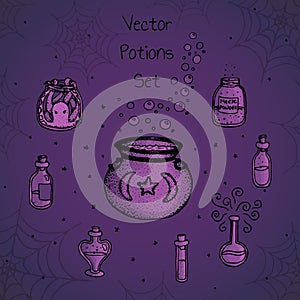 Set of hand drawn vector alchemy bottles. Purple potions, elixirs, vials and cauldrons.